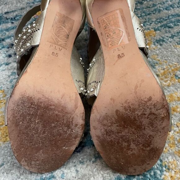 Pour La Victoire Gold & Pearl Ankle Strap Heels Zippers 8.5 - Picture 6 of 9